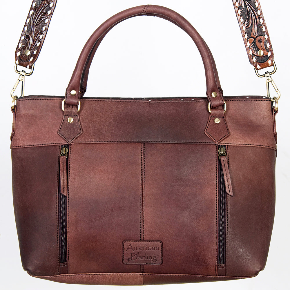 ADBGI141 Hand-Tooled Cowhide Leather Western Tote - Floral Tooled Hair-On Bag