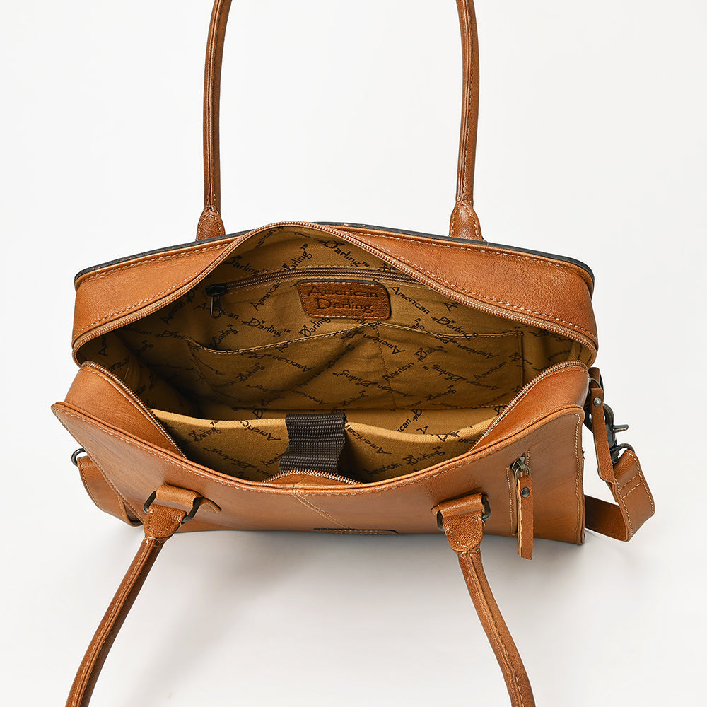 ADBG1393 American Darling Western Leather Tote Bag with Hair-On Cowhide & Hand-Tooled Floral Detailing