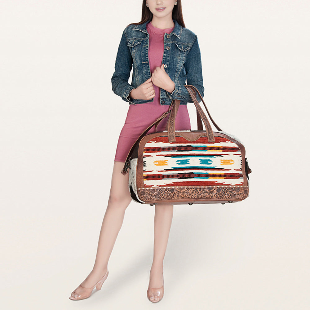 ADBG946 American Darling Handcrafted Western Leather Duffel with Hand Woven Saddle Blanket & Cowhide