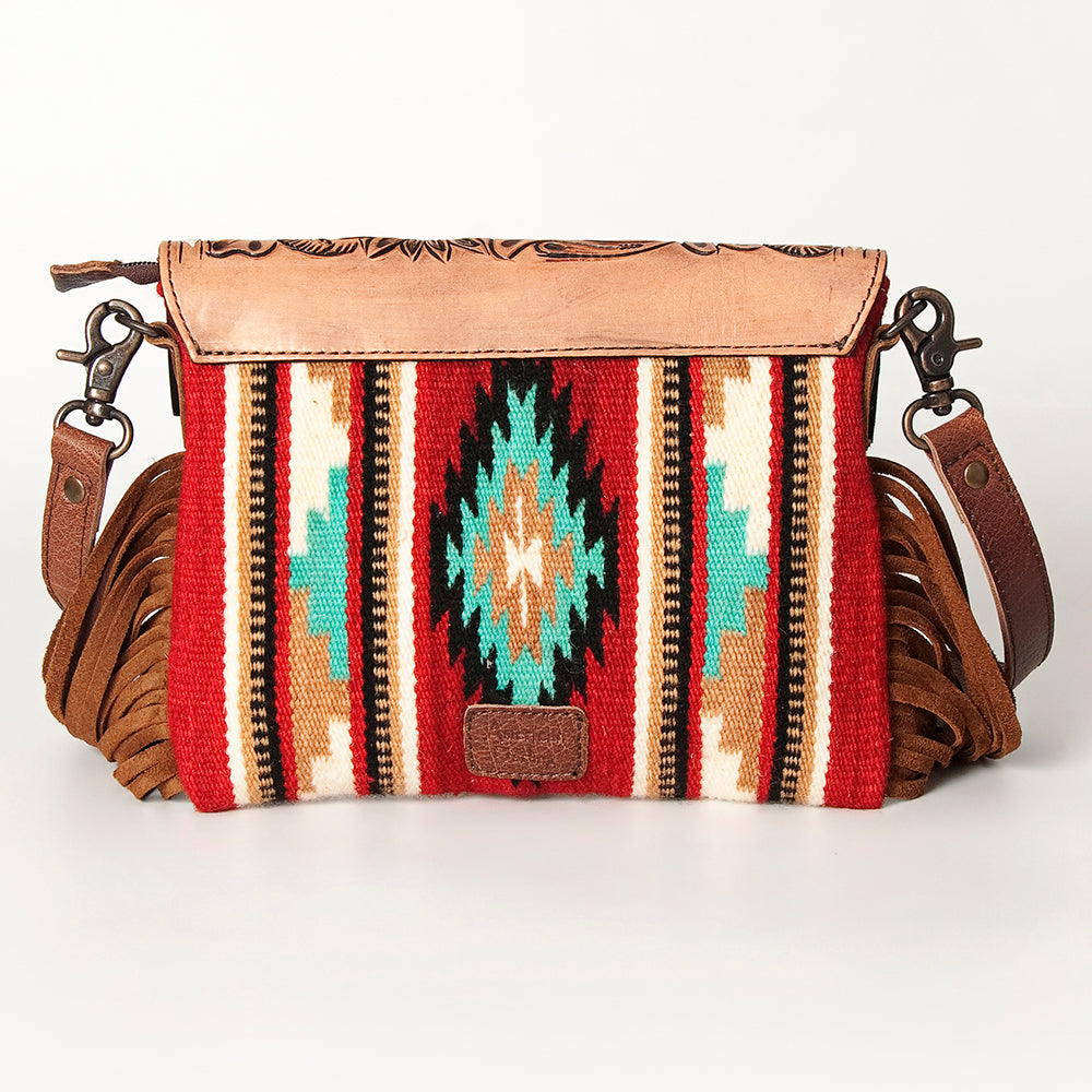ADBG587 Western Tooled Leather Crossbody Bag with Fringe and Woven Fabric