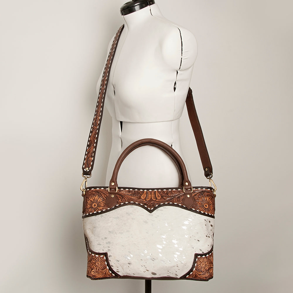 ADBGI141 Hand-Tooled Cowhide Leather Western Tote - Floral Tooled Hair-On Bag