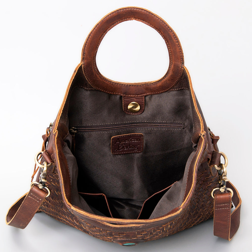 LC-ADBGM154 Handwoven Western Leather Tote Bag with Turquoise Stone Accent