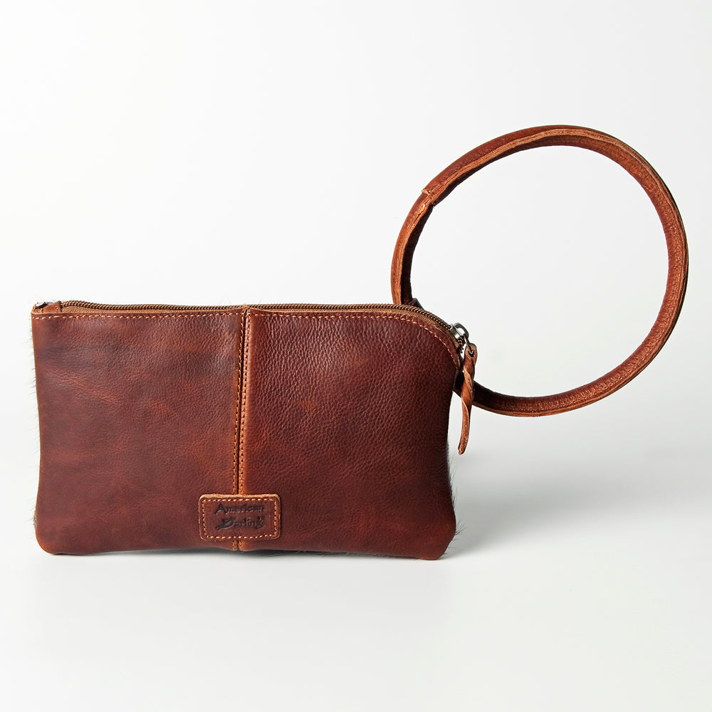 ADBGZ335 Black & White Cowhide Wristlet - Hair-On Hide Clutch with Tooled Leather Detail