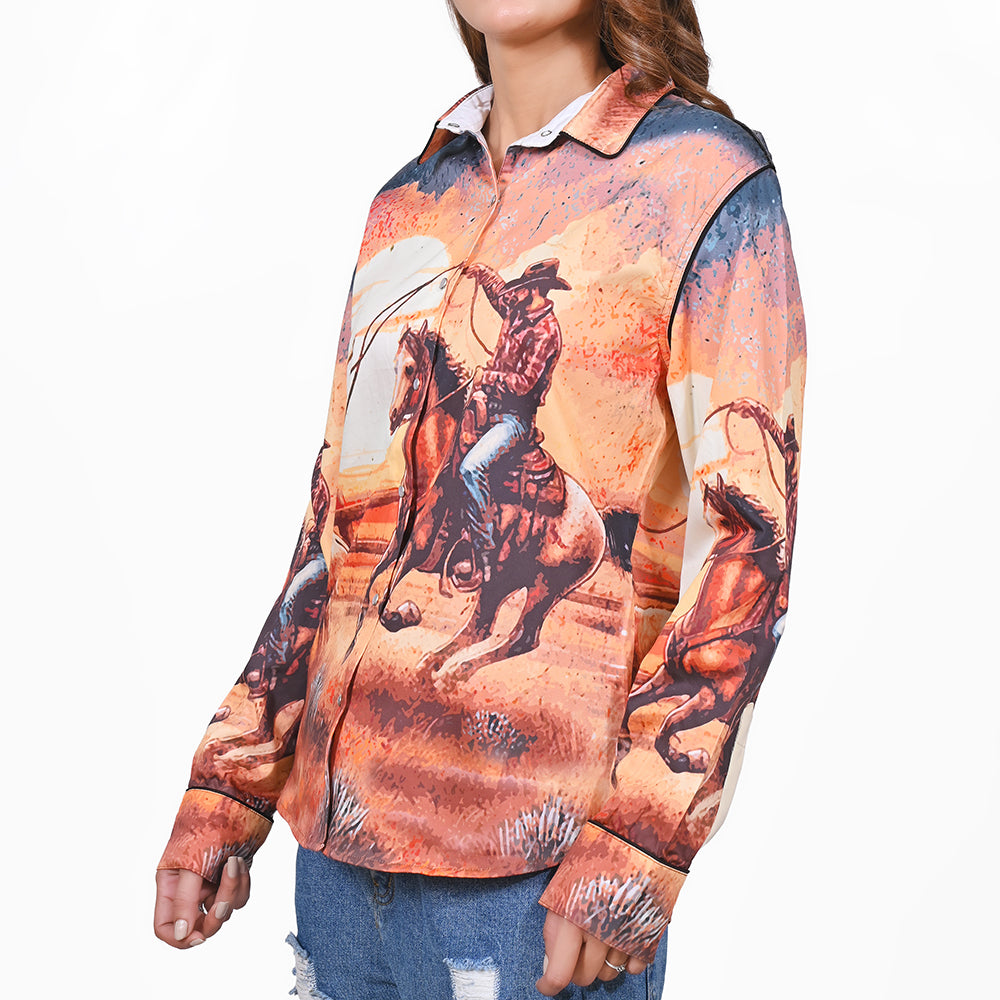 ADSH084 American Darling 100% Satin Cotton Western Rodeo Print Button Down Shirt