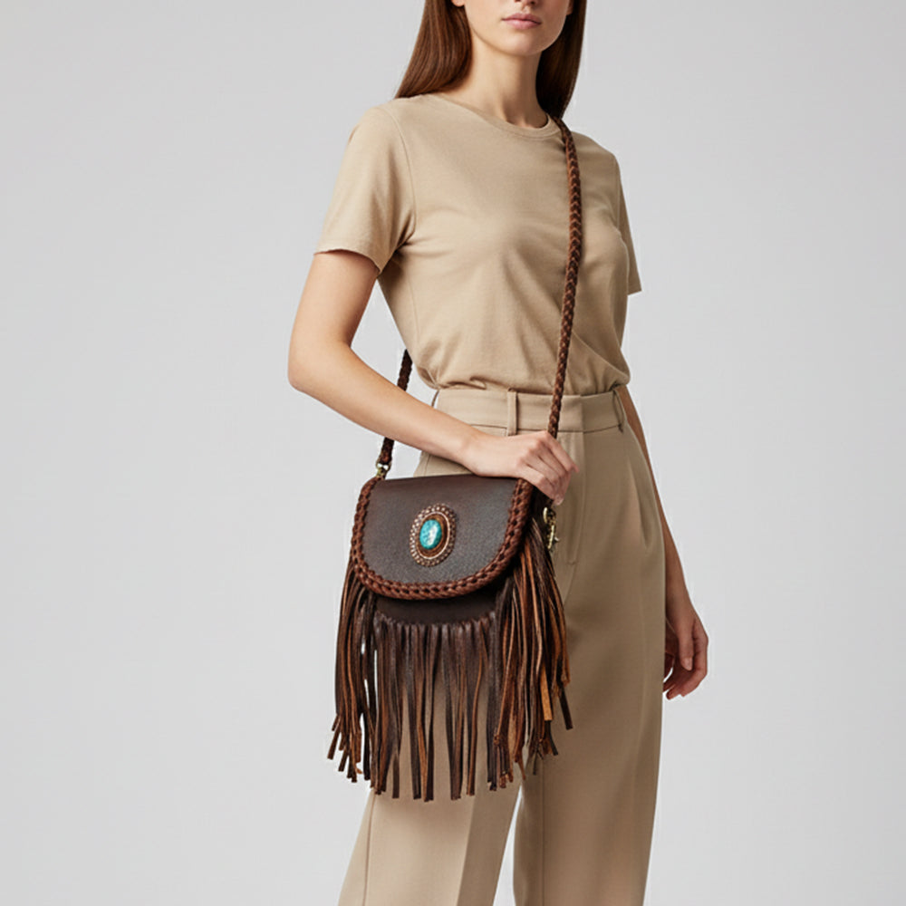 ADBGM338 Fringe Leather Crossbody Bag with Turquoise Concho - Small Western Braided Flap Purse