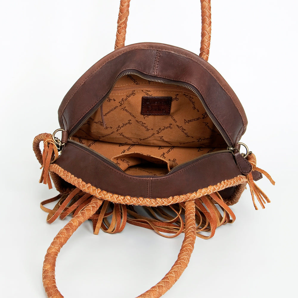 LC-ADBGD162B Round Hair-On Cowhide Leather Western Tote Bag with Turquoise Concho & Braided Fringe