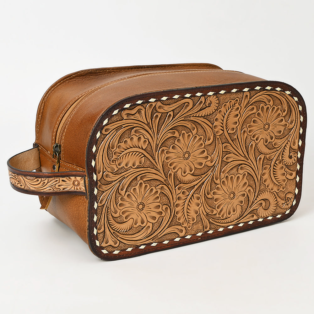 ADBG1509 American Darling Hand-Tooled Western Leather Toiletry Bag - Genuine Floral Carved Travel Case