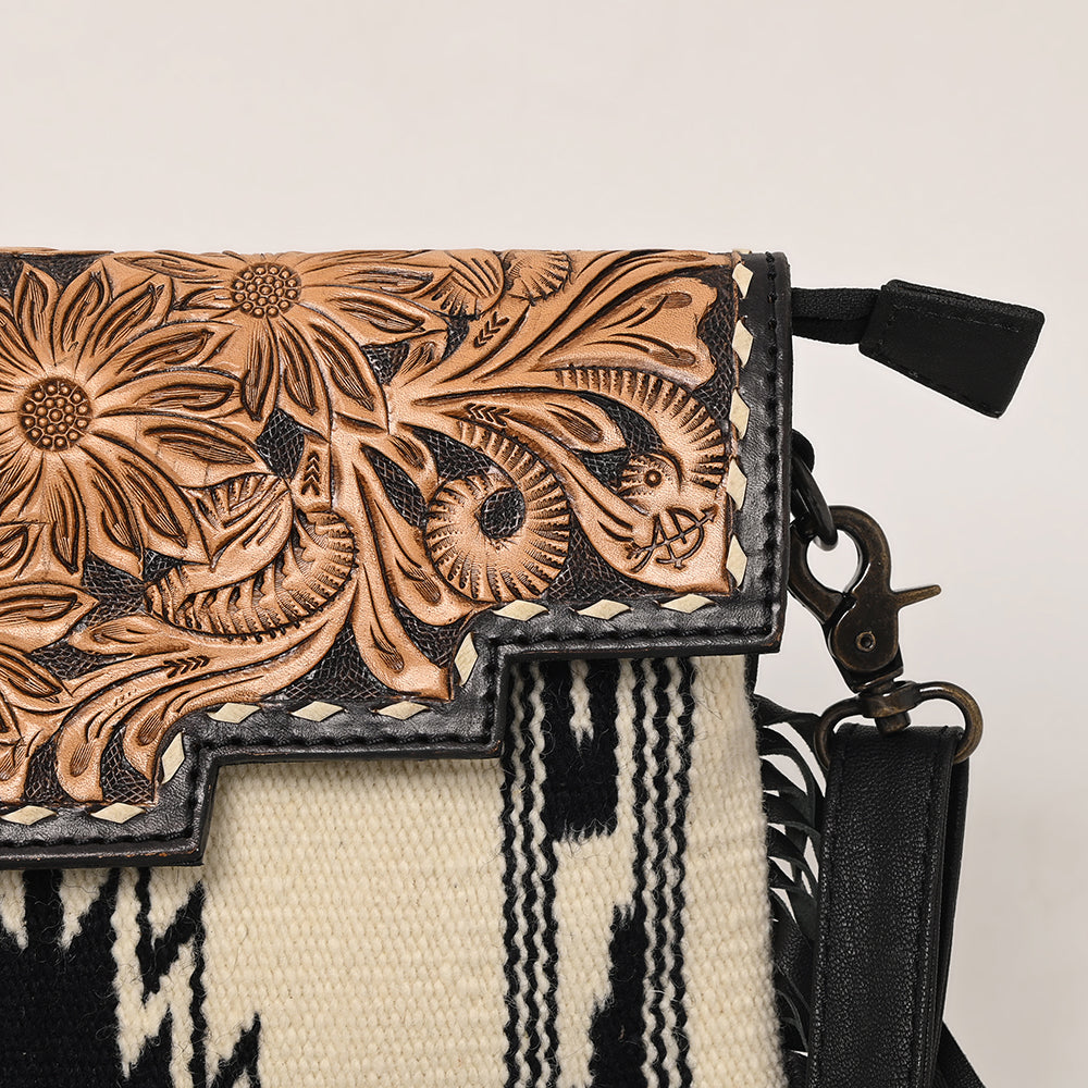 ADBG587 Western Tooled Leather Crossbody Bag with Fringe and Woven Fabric