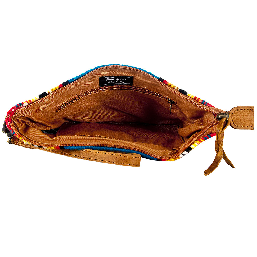 ADBG344 Southwestern Wool Wristlet Clutch with Tribal Pattern and Leather Strap