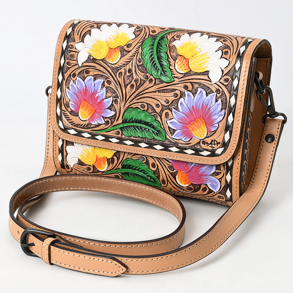 ADBGZ693 Hand-Tooled Leather Western Crossbody Bag - Floral Carving in Natural Tan