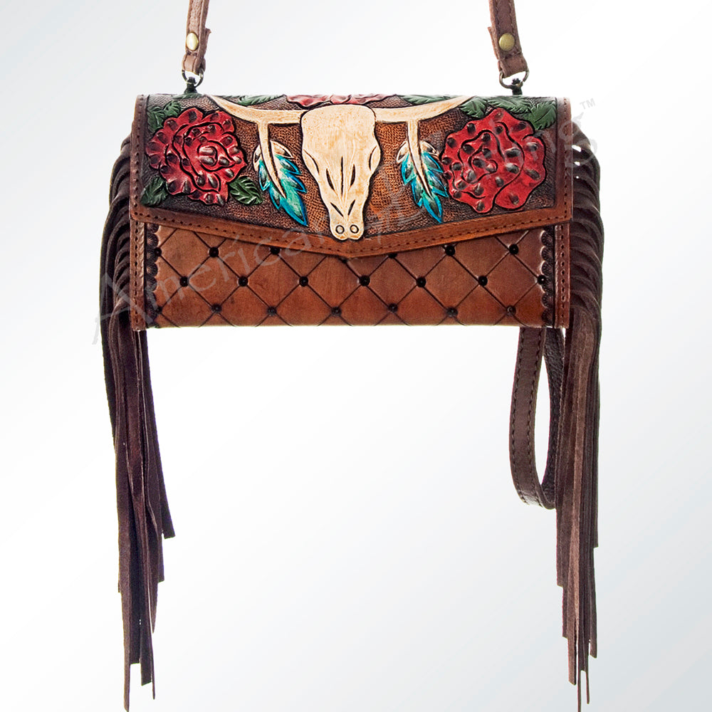 ADBG556 American Darling Hand Tooled Floral Leather Western Wristlet Bag with Fringes