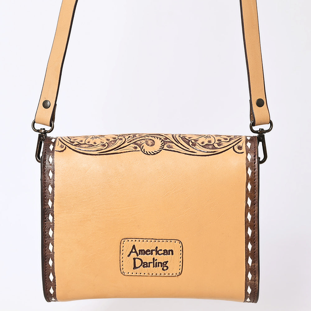 ADBGZ693 Hand-Tooled Leather Western Crossbody Bag - Floral Carving in Natural Tan