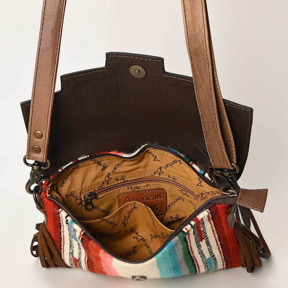 ADBG587 Western Tooled Leather Crossbody Bag with Fringe and Woven Fabric