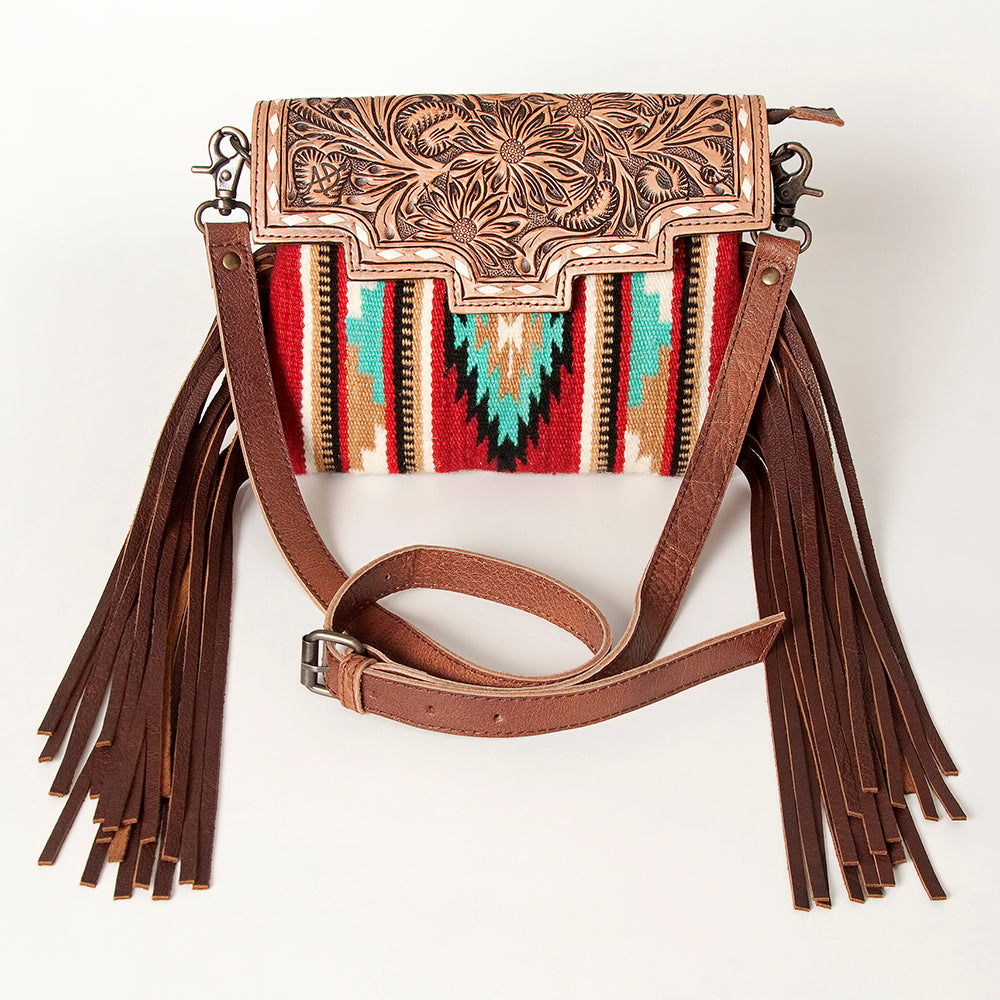ADBG587 Western Tooled Leather Crossbody Bag with Fringe and Woven Fabric