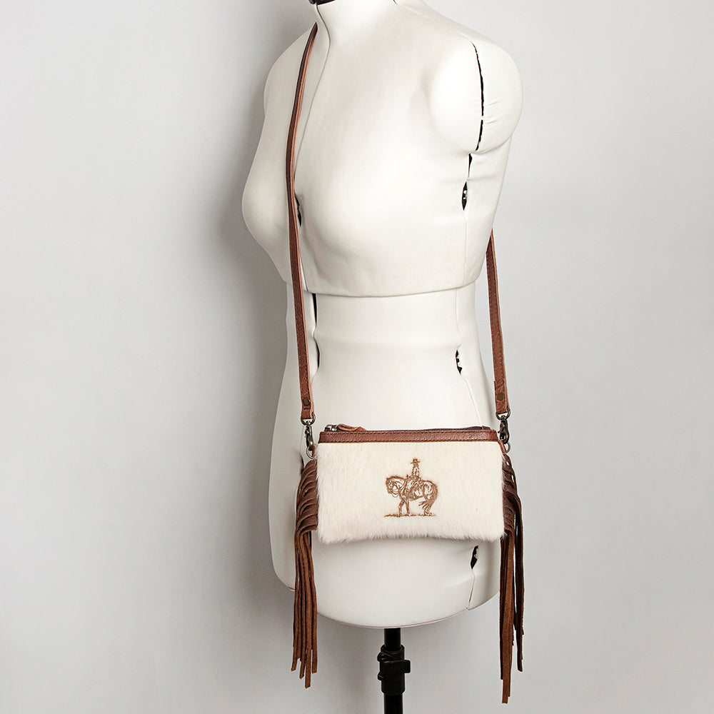 LC-ADBGS142 Western Rodeo Crossbody - Hair-On Leather Bag with Steer Wrestling Print & Fringe