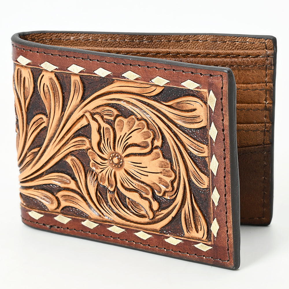 ADBG1592 American Darling Hand-Tooled Leather Wallet Hand Bag with Western Buck Stitching & Floral Detailing