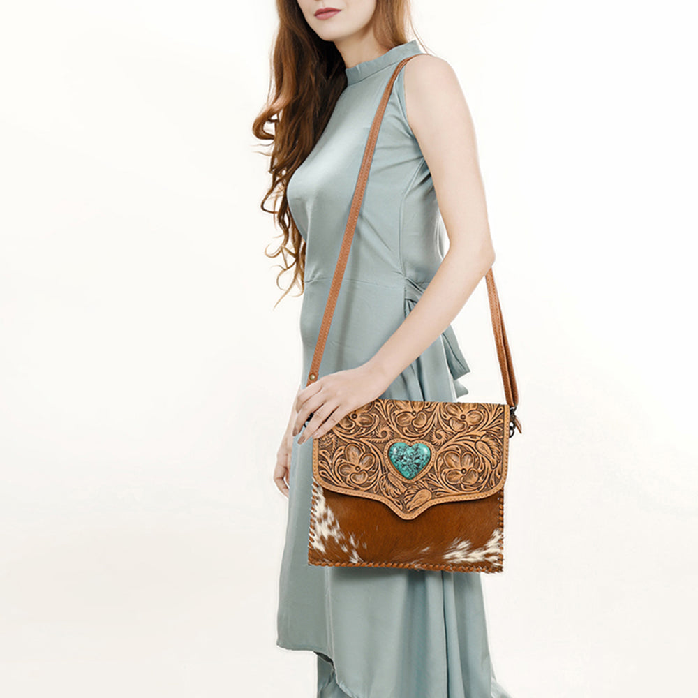 ADBG1389 American Darling Western Leather Crossbody with Hair-On Cowhide & Hand-Tooled Floral Detail