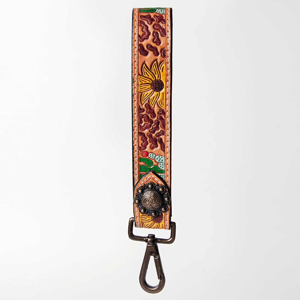 ADBRF130 Hand Tooled Sunflower Leather Wristlet Keychain - Painted Cactus & Western Concho