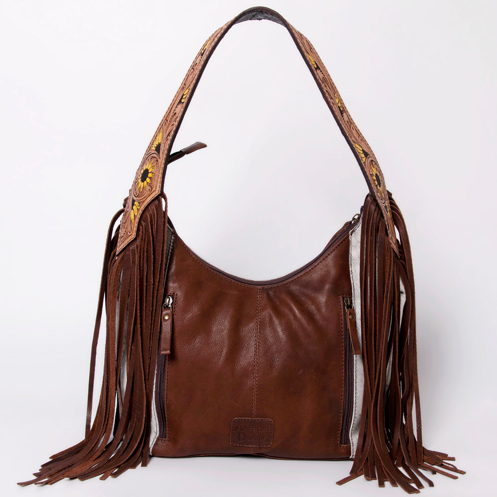 ADBGA299 American Darling Hair-On Cowhide & Fringed Hand Tooled Leather Hobo Bag