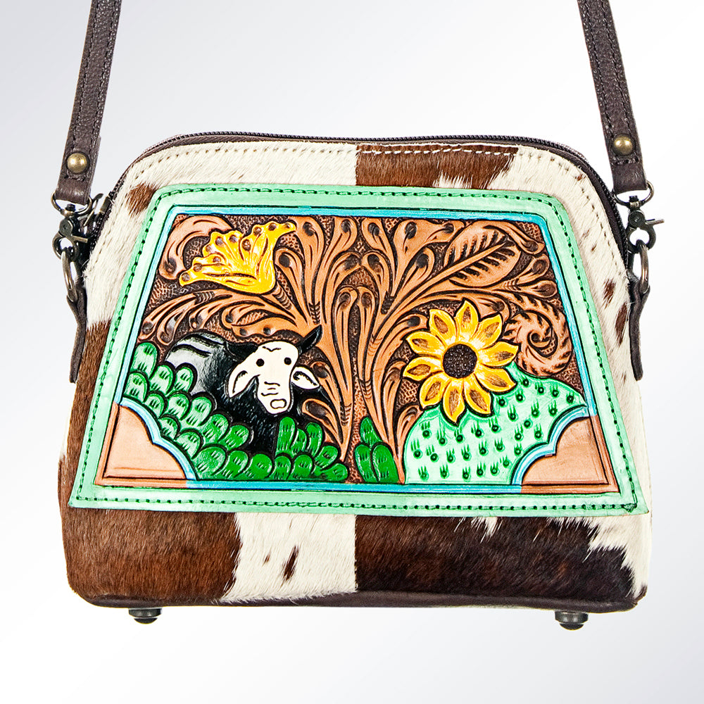 ADBG550BRW American Darling Hand Tooled Floral Leather & Hair-On Cowhide Western Cross body Bag