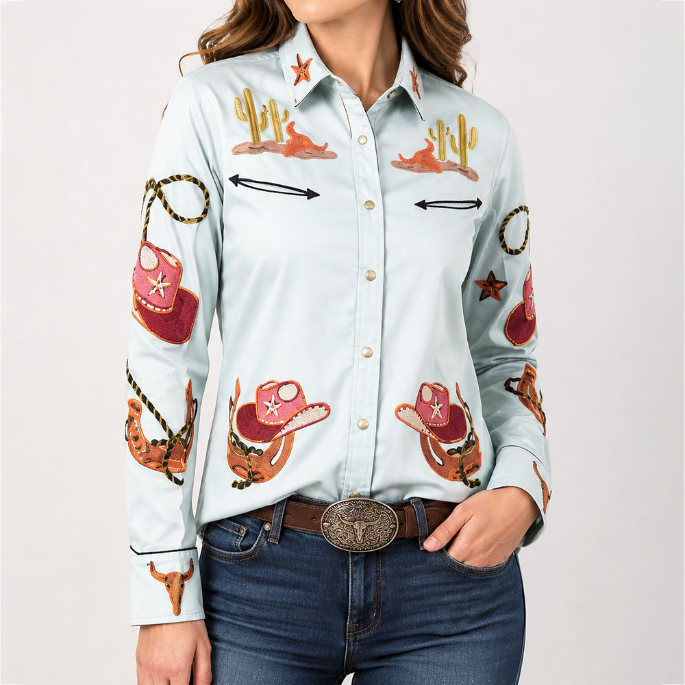 ADSH046 American Darling Green Western Apparel - Embroidered Cotton Lycra Cowboy Motif Shirt
