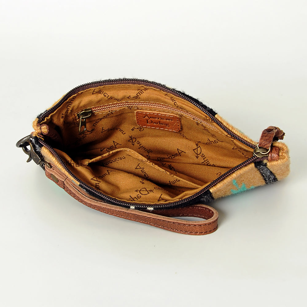 ADBG344 Southwestern Wool Wristlet Clutch with Tribal Pattern and Leather Strap