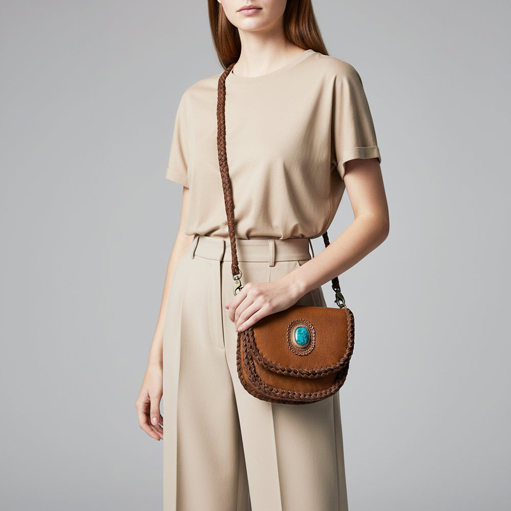 ADBGM338 Braided Leather Crossbody Bag with Stone Accent and Flap Closure