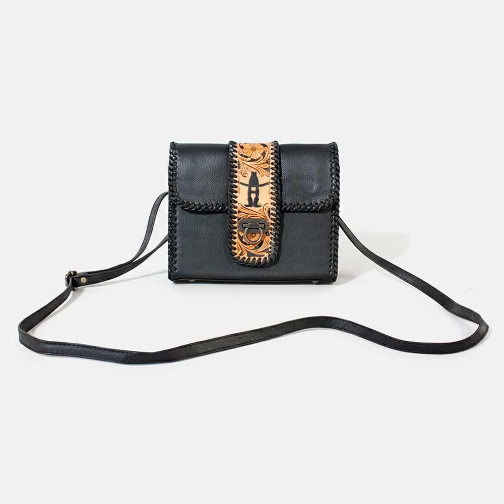 Laurel Rodeo Genuine Hand Tooled Black Leather Crossbody Bag