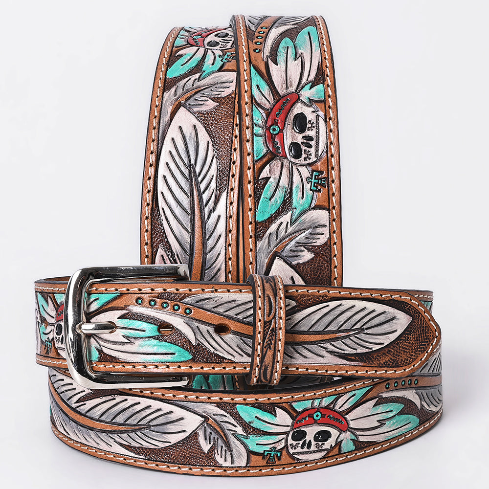 OHBTG104 American Darling Hand Tooled Leather Skull & Feather Belt