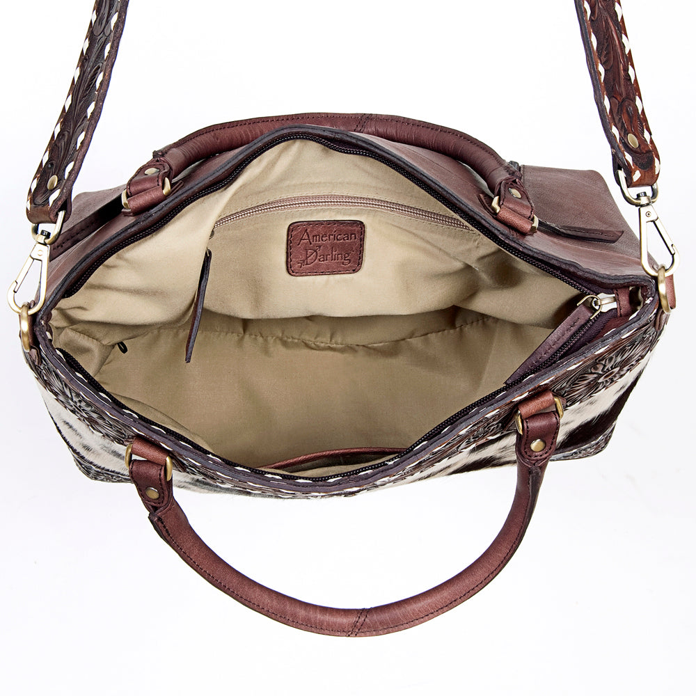 ADBGI141 Hand-Tooled Cowhide Leather Western Tote - Floral Tooled Hair-On Bag