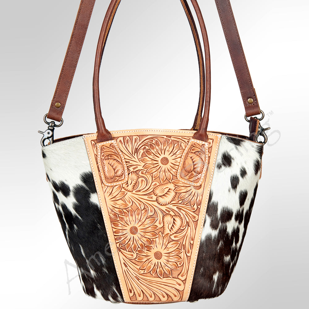 ADBG621A American Darling Hand Tooled Floral & Hair-On Cowhide Western Leather Tote Bag