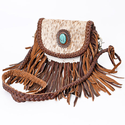 ADBGM338 Spotted Cowhide Fringe Crossbody Bag with Turquoise Concho - Small Western Braided Flap Purse