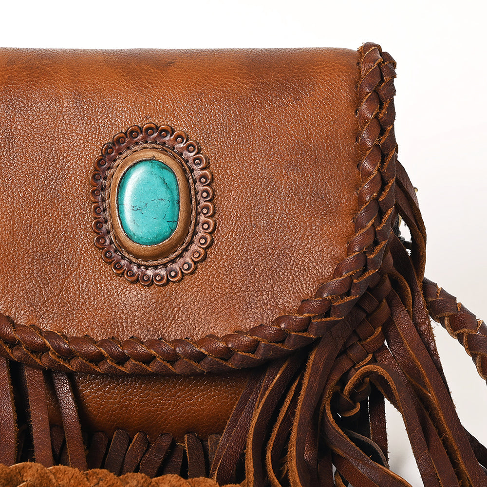 ADBGM338 Fringe Leather Crossbody Bag with Turquoise Concho - Small Western Braided Flap Purse