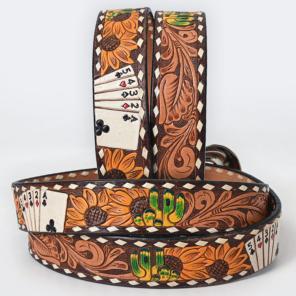 ADBLF205 Poker Hand Tooled Leather Belt with Sunflowers & Silver Buckle