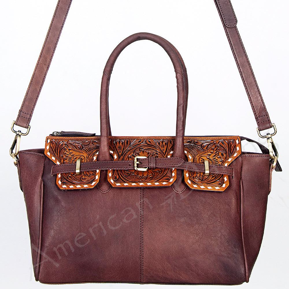 LC-ADBGI151B Tooled Leather Burgundy Western Satchel - Genuine Handcrafted Purse