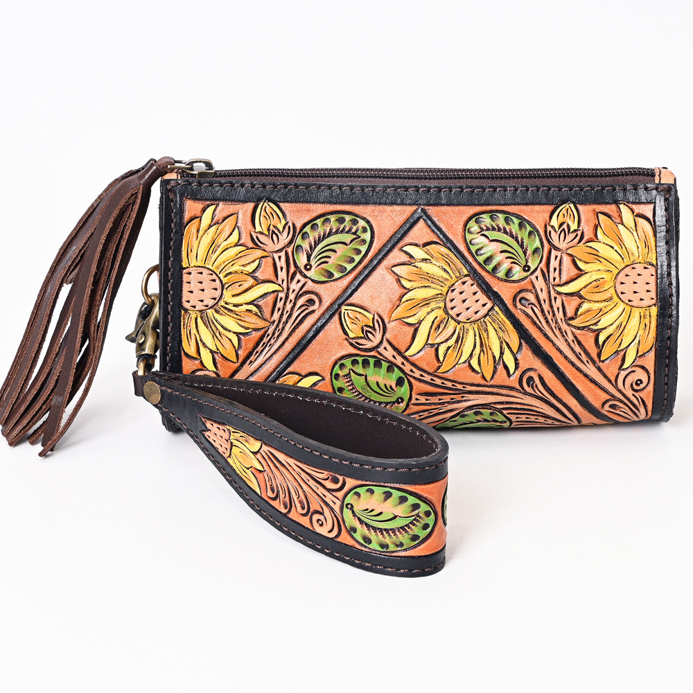 ADBGA387 American Darling Hand Tooled Floral Carved Genuine Leather Fringe Wristlet Bag