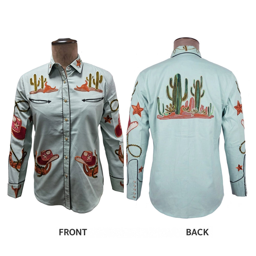 ADSH046 American Darling Green Western Apparel - Embroidered Cotton Lycra Cowboy Motif Shirt