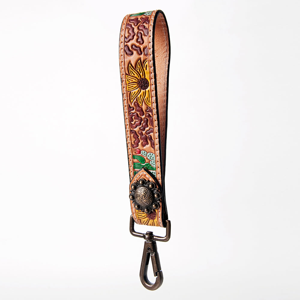 ADBRF130 Hand Tooled Sunflower Leather Wristlet Keychain - Painted Cactus & Western Concho