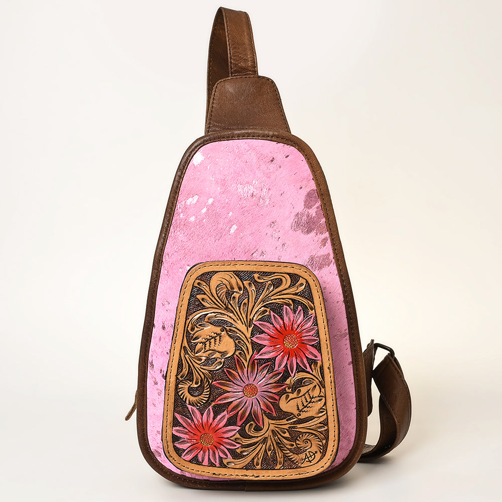 ADBG1146 American Darling Pink Cowhide Sling Bag | Tooled Leather Backpack
