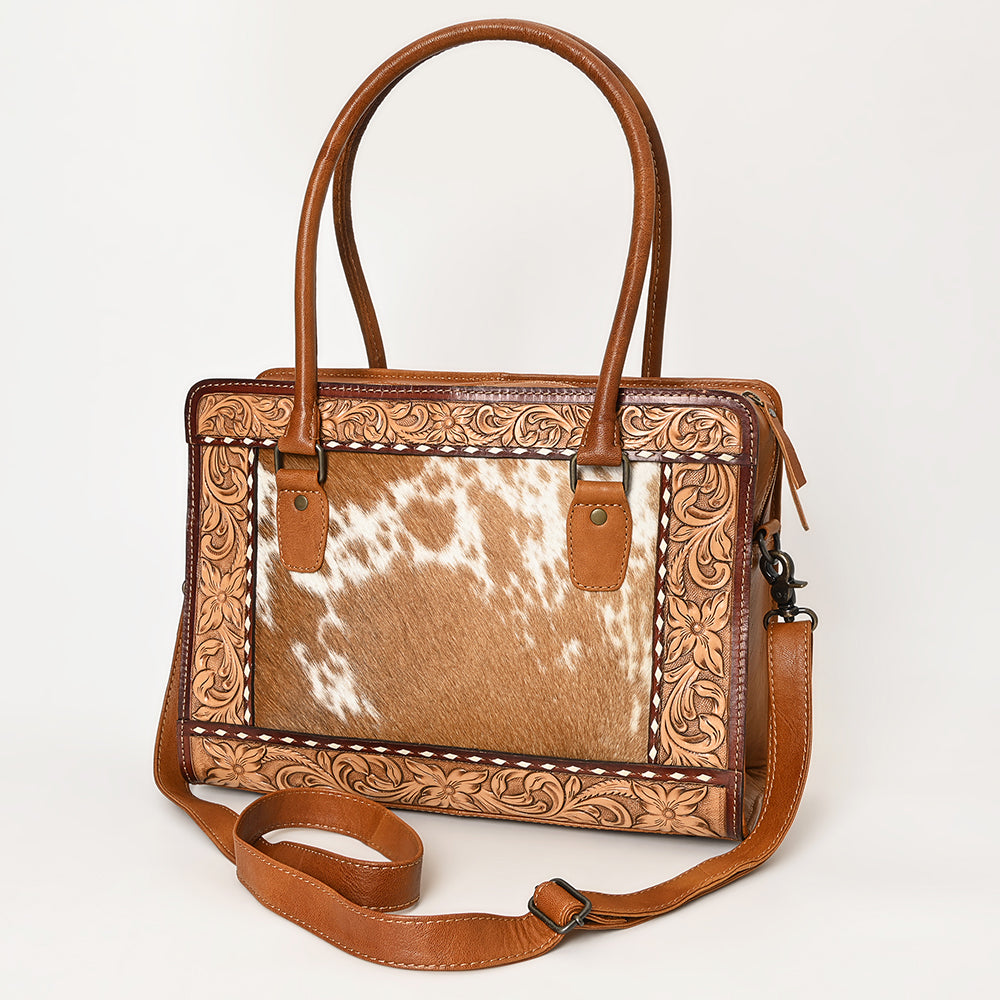 ADBG1393 American Darling Western Leather Tote Bag with Hair-On Cowhide & Hand-Tooled Floral Detailing