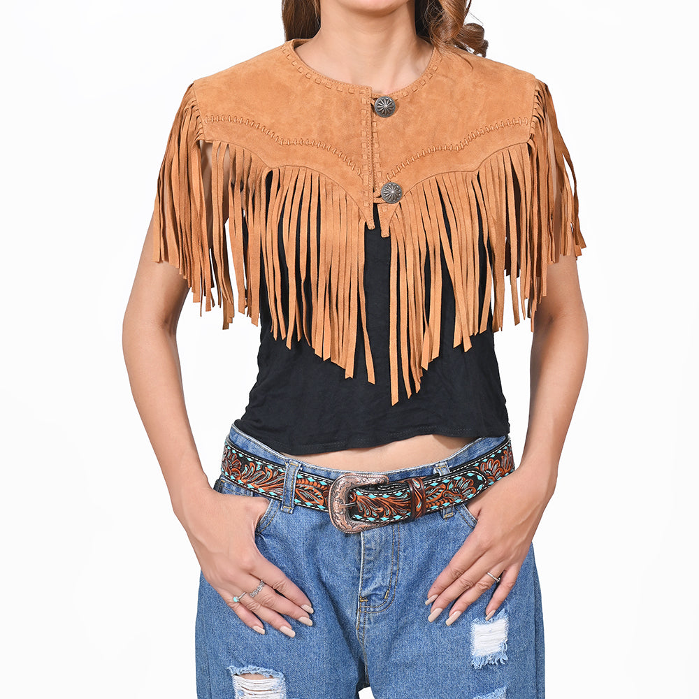 ADDR025-M American Darling Western Suede Leather Fringe Capelet Vest with Concho Buttons