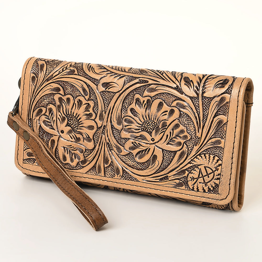 ADBG1311 American Darling Hand-Tooled Leather Trifold Wallet -Floral Carved Wristlet
