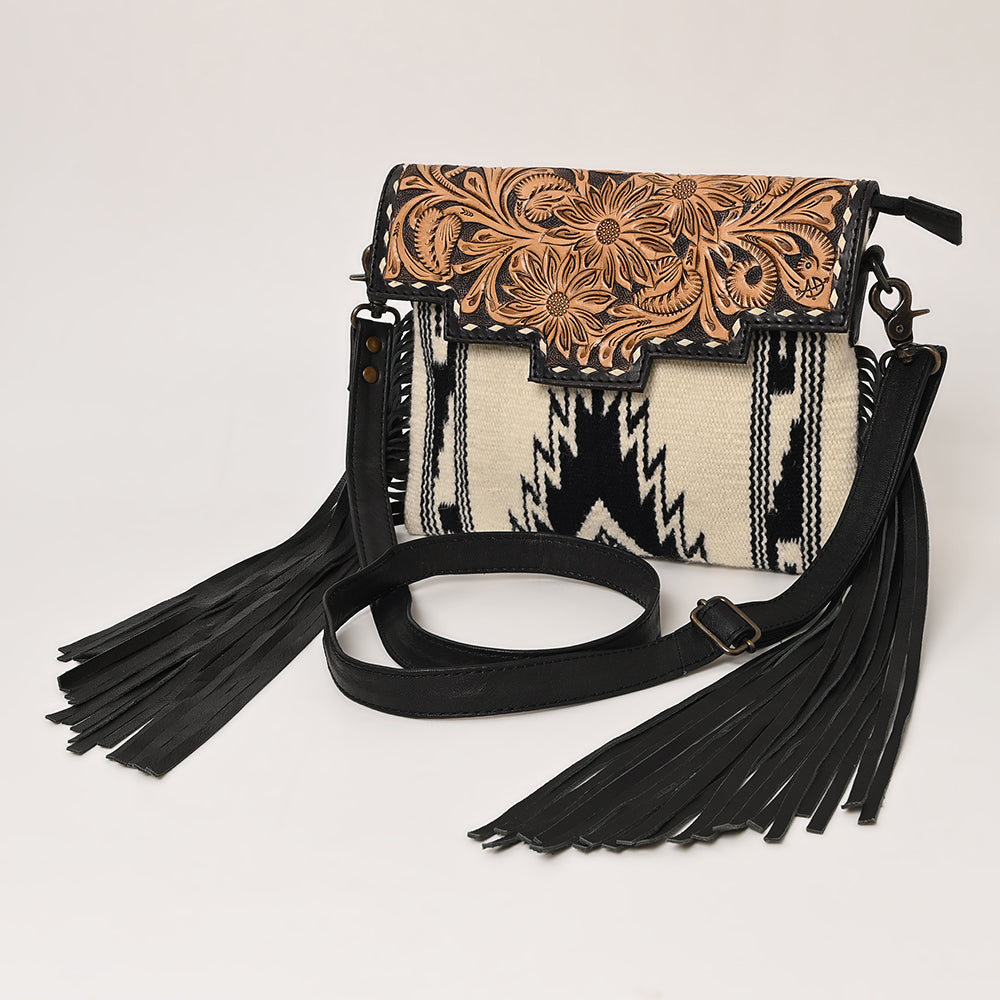ADBG587 Western Tooled Leather Crossbody Bag with Fringe and Woven Fabric
