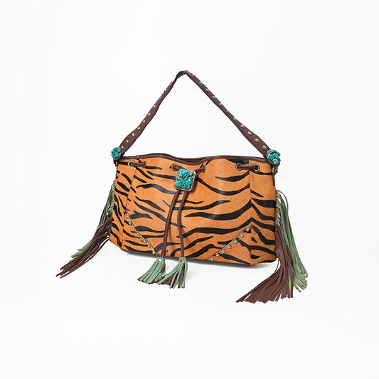 ADBG989 American Darling Hair-On Cowhide Western Leather Hobo Bag with Fringes