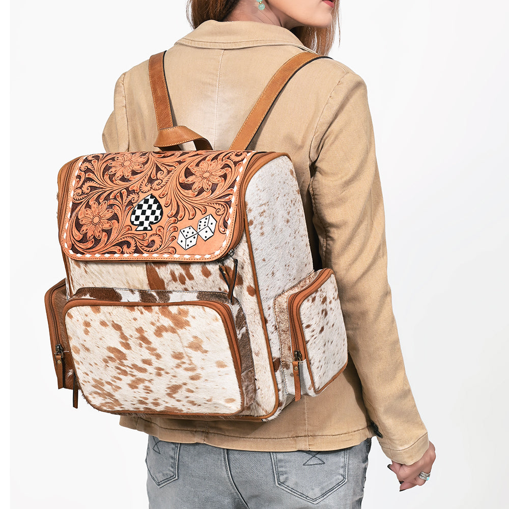 OHA158 Backpack Hand Tooled Hair on Genuine Western Leather Women Bag